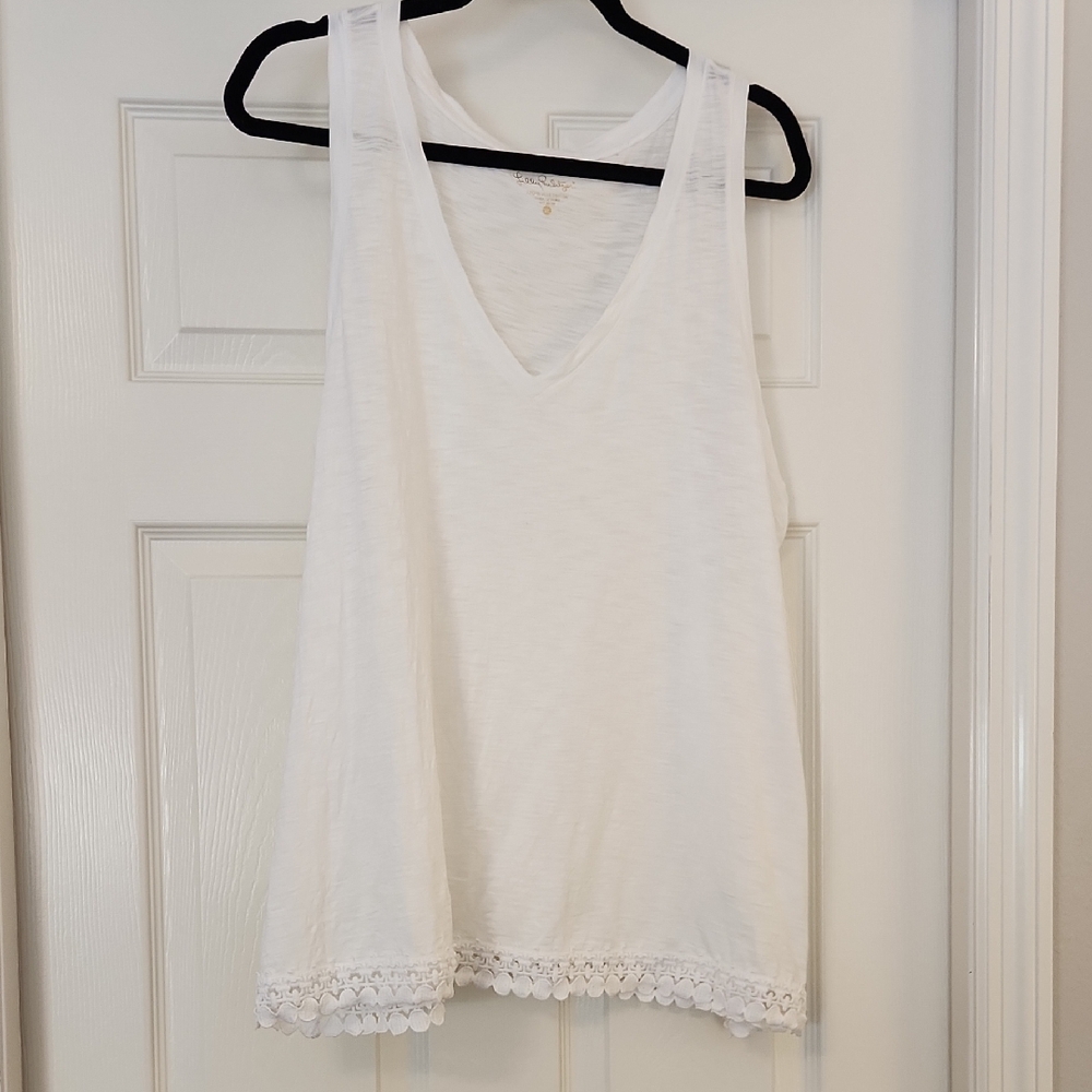 Lilly Pulitzer White Sleeveless Tunic Tank Top With Crocheted Edge XL